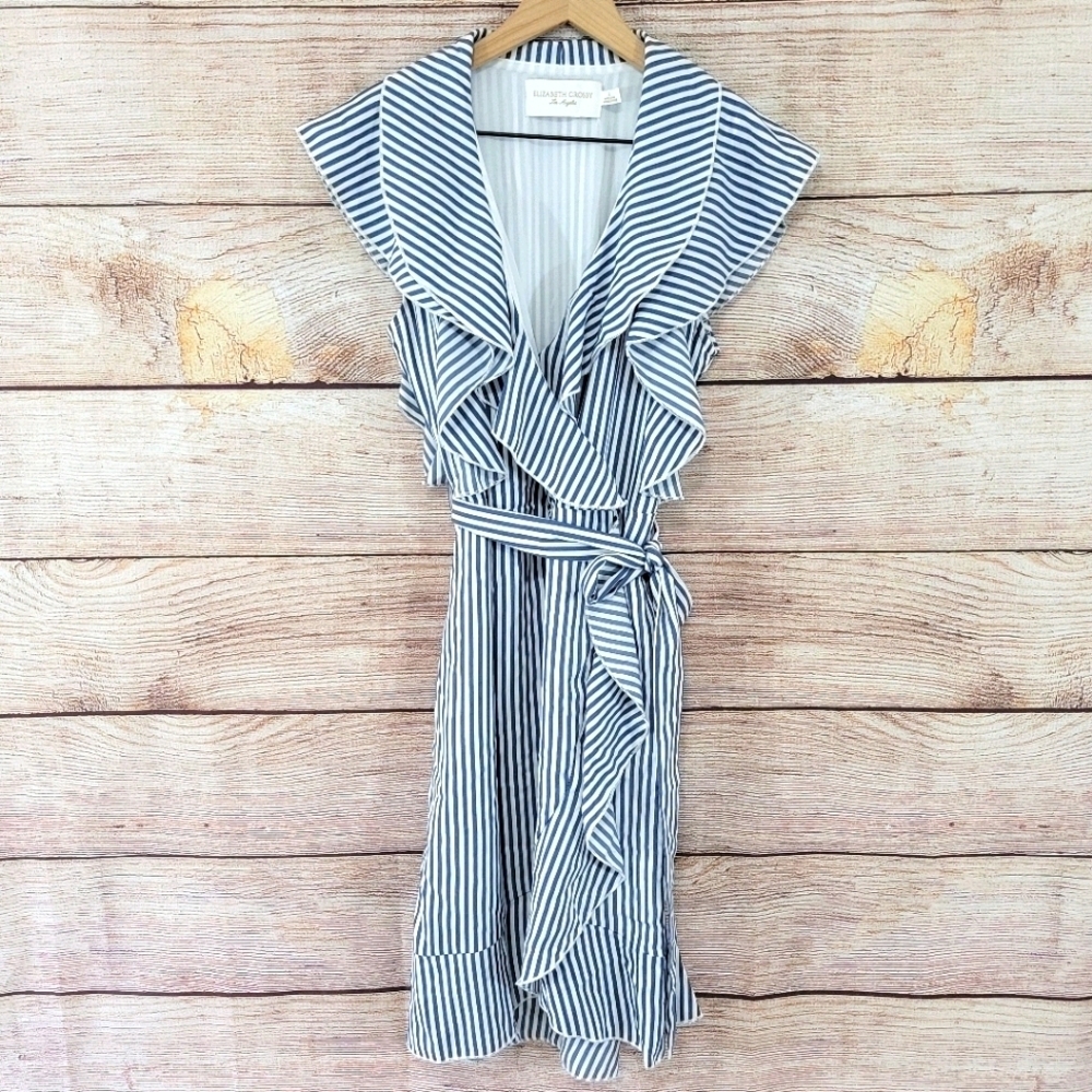 Elizabeth Crosby Los Angeles "Pippa" ruffle faux wrap striped dress